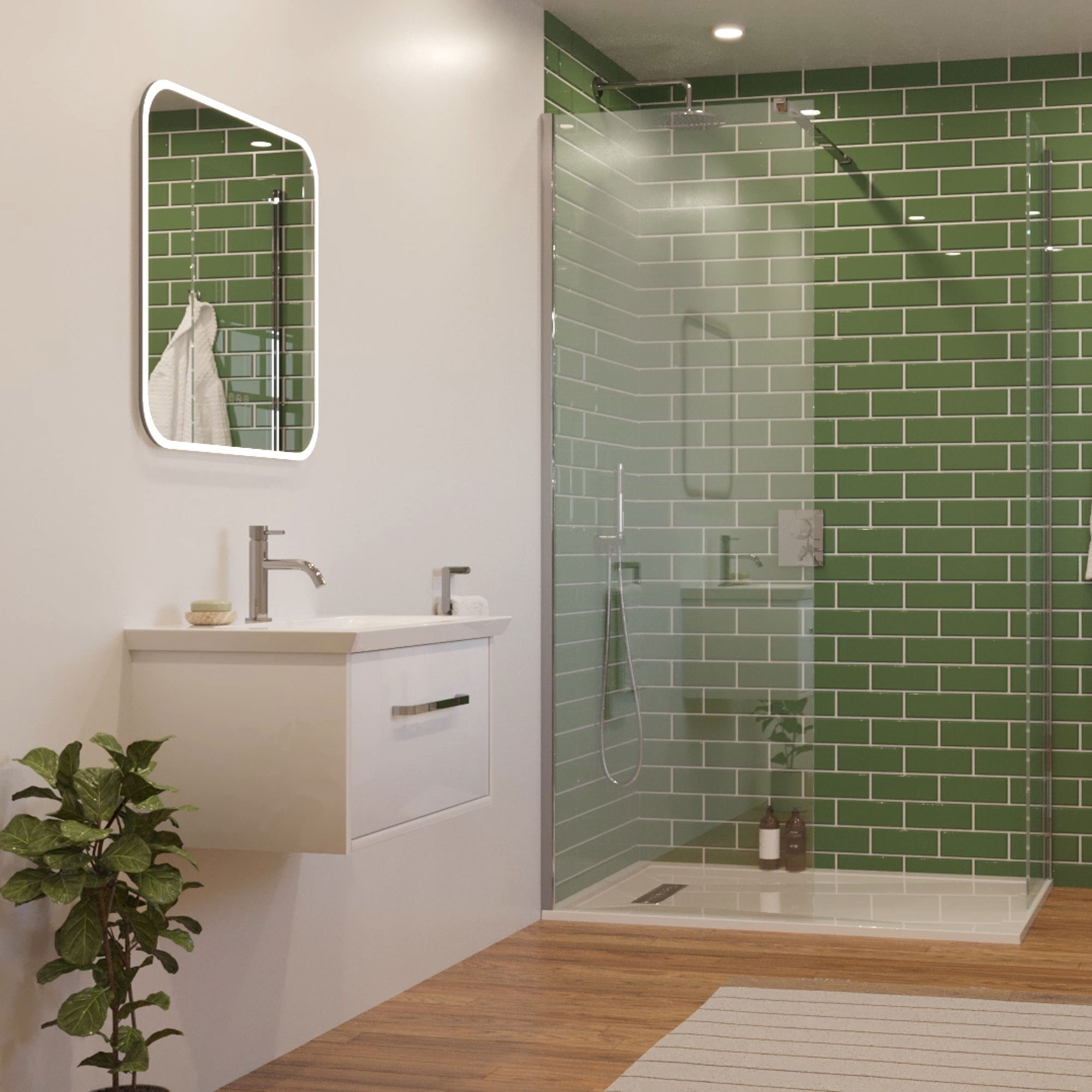 Bathroom with white paint and green tiles in walk in shower